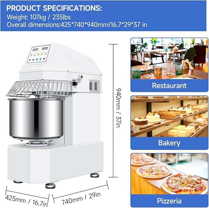 40lbs/30Qt Commercial Spiral Dough Mixer with Timer, 1800W Electric Dough Kneading Machine with 304 Stainless Steel Bowl, Touch Screen,2 Speeds Dual Rotation for Restaurant, Bakery, Pizzeria