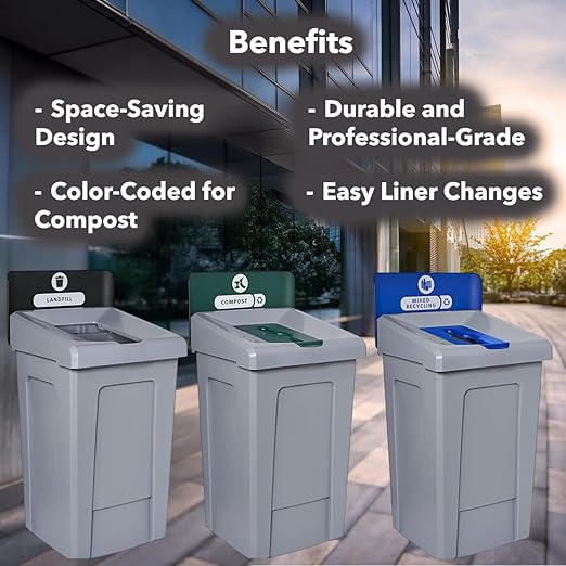 33 Gallon Mixed Recycling Bin with Hinged Lid – Large-Capacity Commercial Waste Container for Paper, Cans, and Plastic – for Offices, Schools, and Cafeterias