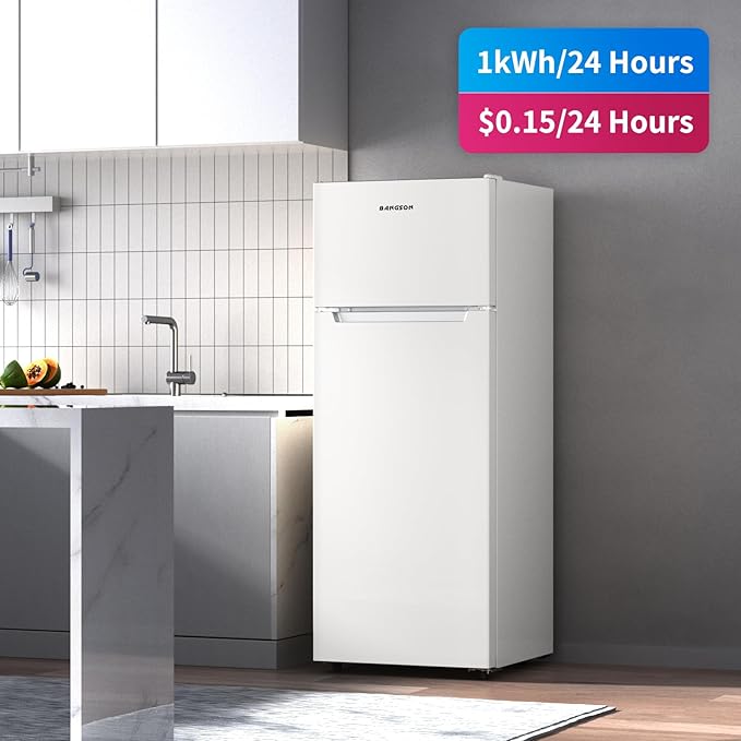 BANGSON 7.7 Cu.Ft Refrigerator with Freezer, Apartment Size Fridge with Top Freezer, Large Capacity, Energy Saving, Adjustable Thermostat, Low Noise, Cream White