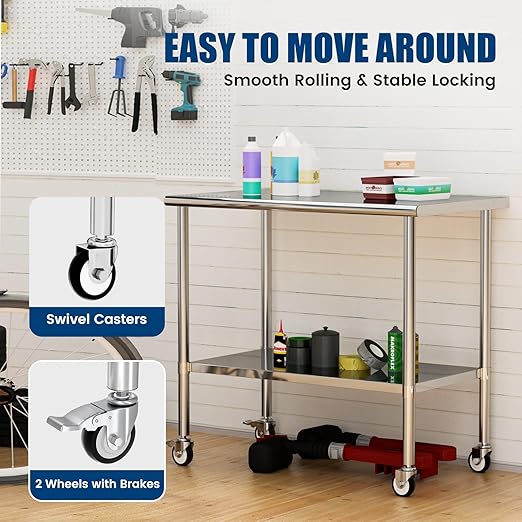Stainless Steel Work Table with Wheels, 24x48 Inch NSF Kitchen Prep Table with Adjustable Undershelf for Commercial Restaurant, Garage, Outdoor BBQ