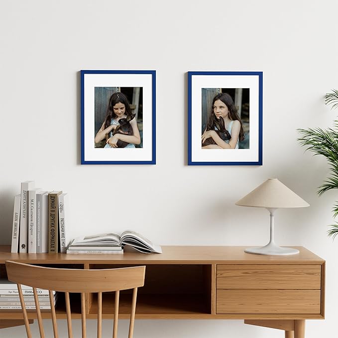 Vittanly 11x14 Picture Frame Set of 2, Solid Wood Frame for Wall Art Photo and Prints, Display Photo 8x10 with Mat or 11x14 without Mat, Royal Blue