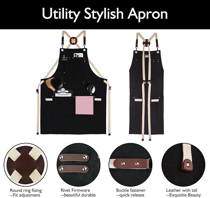 5 Pack Kitchen Apron, Work Apron, Canvas, Multiple Pockets, Gardening, Painting, BBQ, Artist, Carpenter, Sizes M to XXL, Black