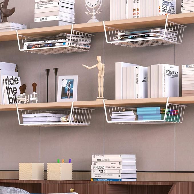 Modern Home Under Shelf Wire Storage Baskets – Hanging Organizer Rack for Cabinet, Pantry, or Closet – White Metal Basket for Kitchen, Towels, or Office – No Tools Required (Set of 2 19")
