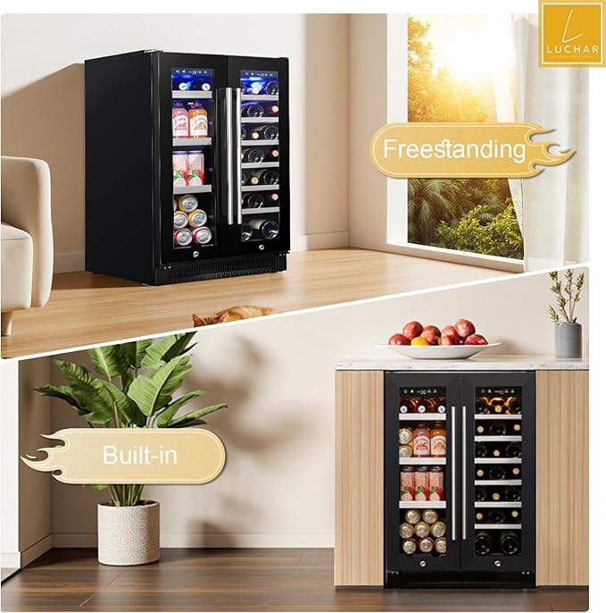 24 Inch Wine and Beverage Refrigerator, Dual Zone Wine and Drink Fridge with Glass Door&Lock for 20 Bottles and 60 Cans, Under Counter Wine Cooler Refrigerator Built-in Counter or Freestanding