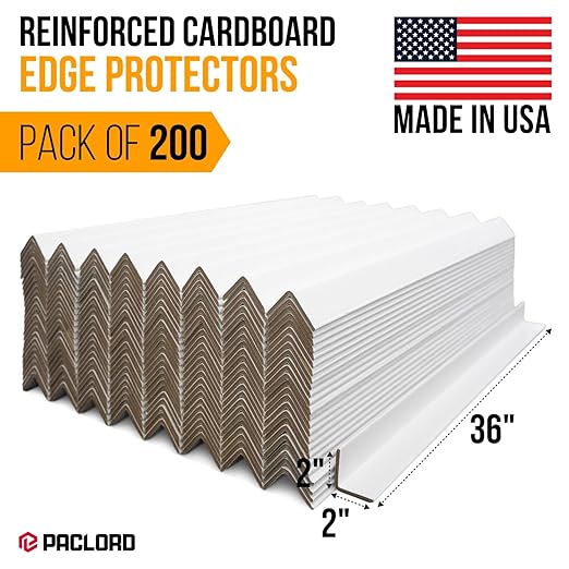 36" x 2" x 2" Reinforced Cardboard Edge Protectors, White (Pack of 200) – 0.225" Thick Extra Heavy-Duty Cardboard Corner Protectors – American Quality V-Board Pallet Edge Guard