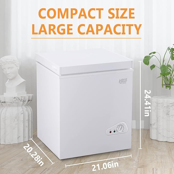 3.5 Cu.Ft Compact Chest Freezer with Removable Basket, Krib Bling Top Door Open Freestanding Deep Freezer with 7 Gears Temperature Adjustment, Ideal for Home, Kitchen & Office, White
