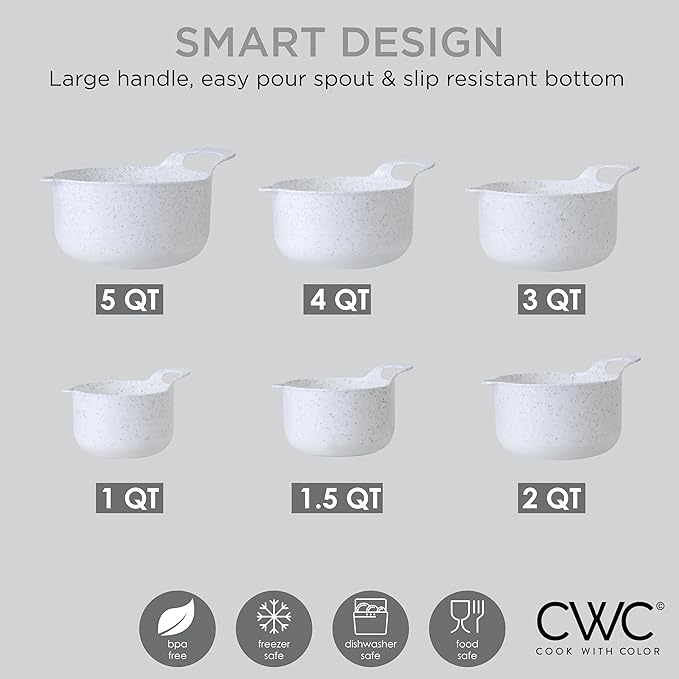 COOK WITH COLOR Nesting Plastic Mixing Bowl Set with Pour Spouts and Handles, Speckled White, 6 Piece Non-Slip