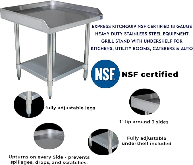 Stainless Steel Equipment Grill Stand with Adjustable Undershelf | Heavy Duty 18-Gauge Top | NSF Certified for Commercial Kitchen & Utility Use (24"x24")