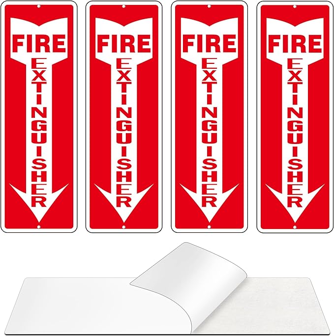 Fire Extinguisher Sign, (4 Pack) Self Adhesive Fire Extinguisher Sticker Signs for Indoor Outdoor, Rust Free Reflective Aluminum Metal Signs for Wall and Door (12 x 4 inches, Red/White)