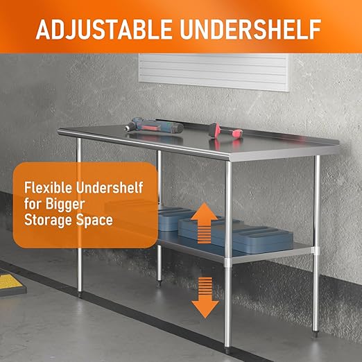 HOCCOT Stainless Steel Table 24" x 60" with Adjustable Undershelf and Backsplash, Commercial Metal Workstations for Kitchen, Garage, Outdoor BBQ