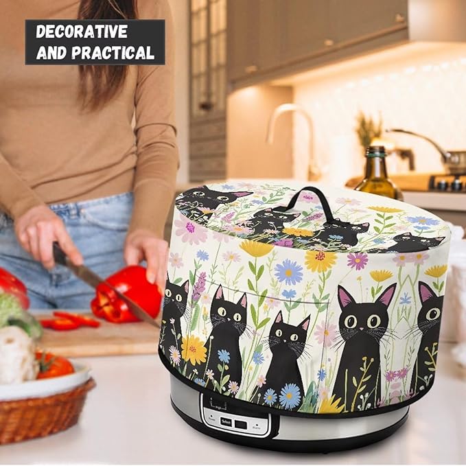 Black Cat Daisy Floral Print Slow Cookers Dust Cover Fit Most 6/7/8 Quart Crock Pot Stain Resistant Air Fryer Cover with Accessory Pocket and Handle Washable