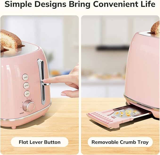 2 Slice Toaster Retro Stainless Steel with Bagel, Cancel, Defrost Function and 6 Bread Shade Settings Bread Toaster, Extra Wide Slot and Removable Crumb Tray (Pink)