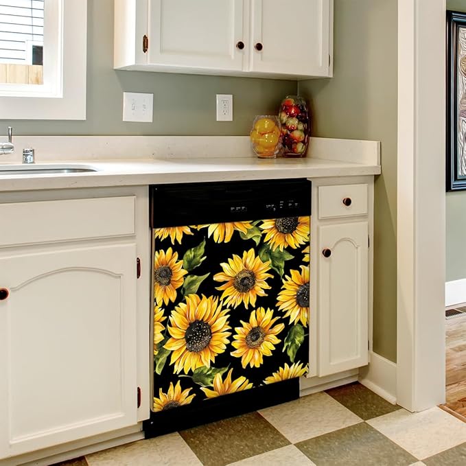 Watercolor Sunflower Dishwasher Magnet Cover for Door Front, Dishwasher Panel Decal Vintage Reuseable Refrigerator Magnet Cover Decal Fridge Stickers Home Decor, 23 x 26 Inch