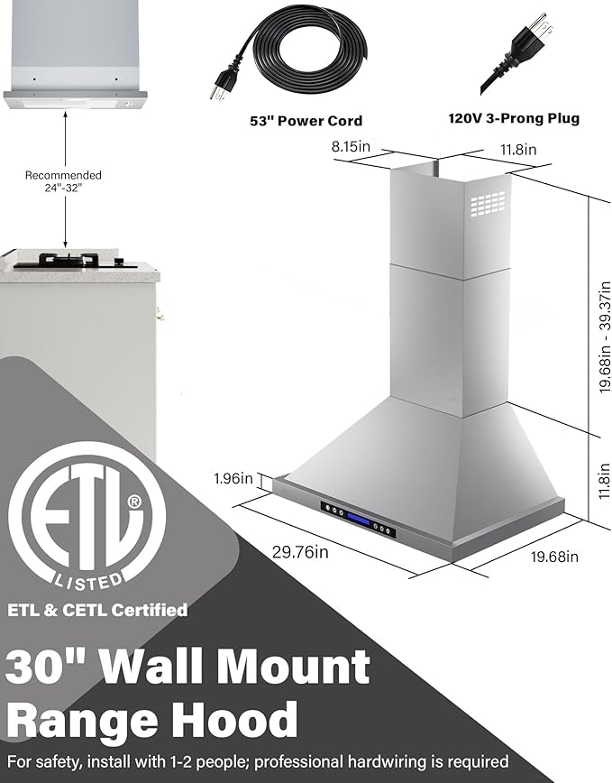 30 inch Stainless Steel Wall Mount Range Hood - 900 CFM, Ultra-Quiet 4-Speed Vent, Touch/Remote Control LCD, LED Lights, Ducted/Ductless Convertible