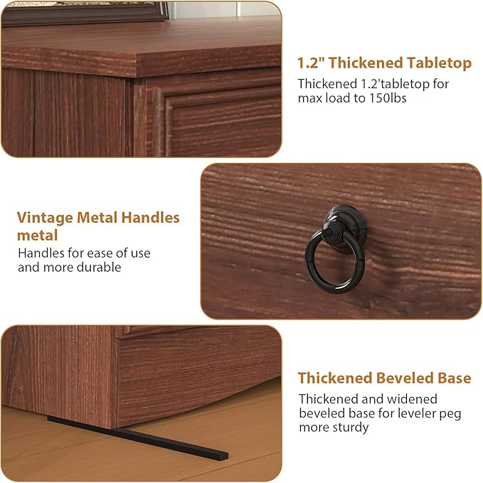 63”W Dressers for Bedroom, Long Dresser with 10 Deep Drawer, Dressers & Chests of Drawers for Clothes, Easy Pulls Handle, Textured Borders, for Living Room, Hallway,Cherry Wood