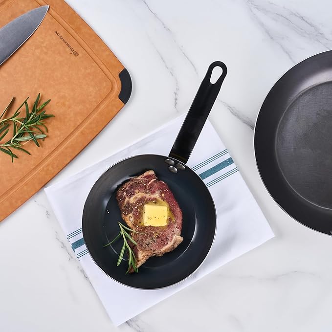 Restaurantware-Met Lux 8 Inch Fry Pans, 6 Lightweight Frying Pans - Induction-Ready, Triple-Riveted, Black Carbon Steel Cooking Skillets, Durable, For Searing, Sauteing, And Browning Food