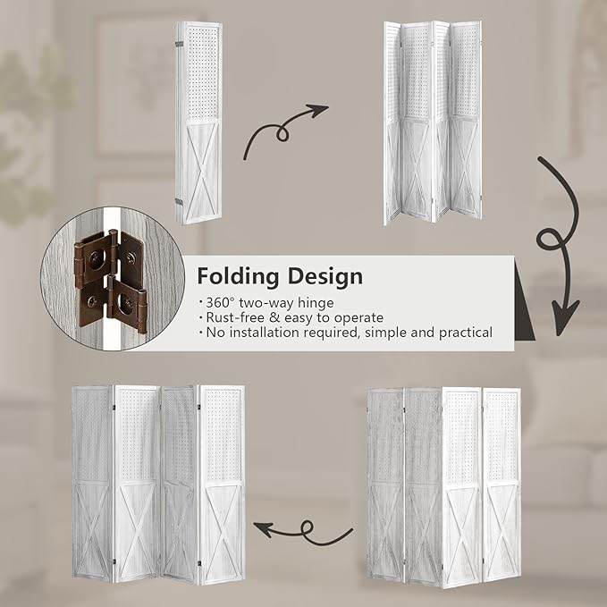 4 Panel Pegboard Wood Room Divider, 5.6Ft Pegboard Display Folding Privacy Screens, Peg Board Display Freestanding for Trade Show Craft Show Home Wall Organizer, Retro White