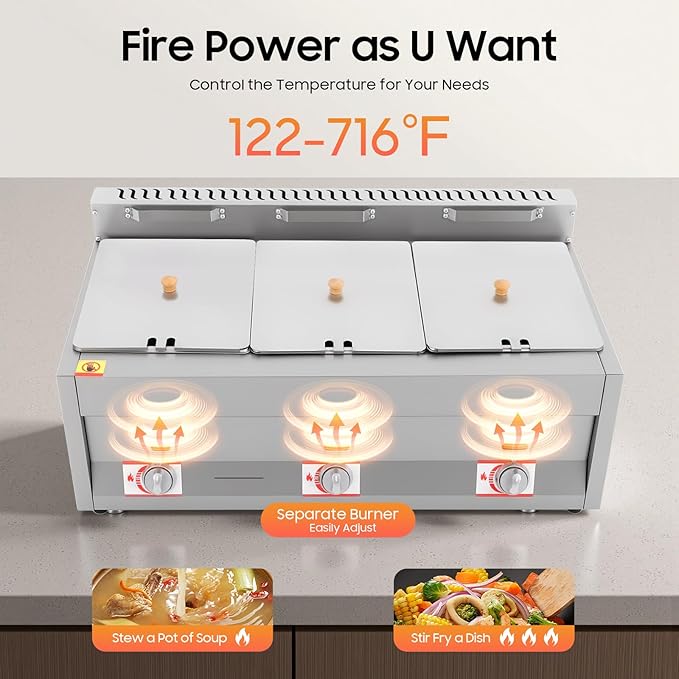 3 x 10L LPG Gas Deep Fryer, Commercial Stainless Steel Gas Food Warmer Countertop Electric Steamer Table with 3 Lids & 122-716℉ Adjustable Temperature for Home Kitchen Restaurant