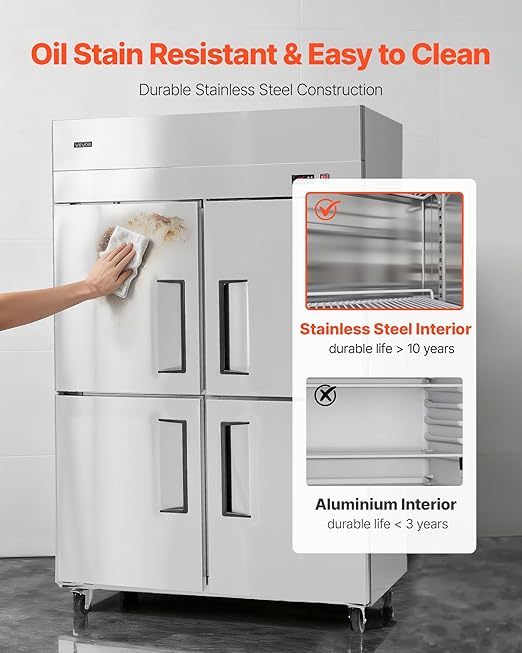 VEVOR Commercial Reach-In Freezer, 48" W, 33 Cu.Ft Stainless Steel Upright Freezer, with 4 Doors, Auto-Defrost, 6 Adjustable Shelves, -11 to 14℉ Temp Control, UL Certified
