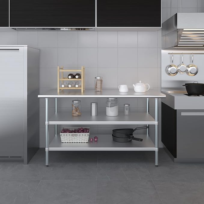 AmGood Stainless Steel Work Table with 2 Shelves | NSF | Metal Utility Table (60" Long x 30" Deep)
