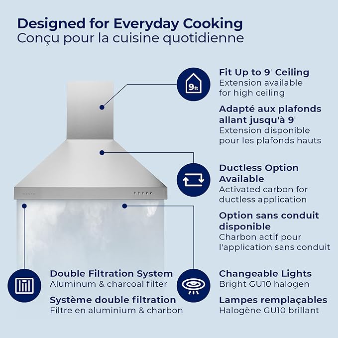 Hauslane Wall Mount Range Hood 30 Inch | Matte White Wall Chimney | 6” Duct/Ductless Convertible, Strong Suction, Six-layer Aluminum Filters, Changeable LED Lamps, Stove Kitchen Vent Hood