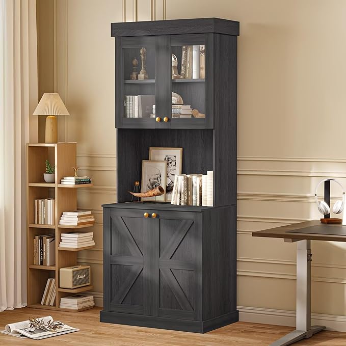 Vyre 71" Farmhouse Kitchen Pantry Cabinet Set of 2, Black Freestanding Coffee Bar Hutch with Glass Doors & Adjustable Shelves, Large Storage Cabinet with Microwave Stand for Living Room & Kitchen