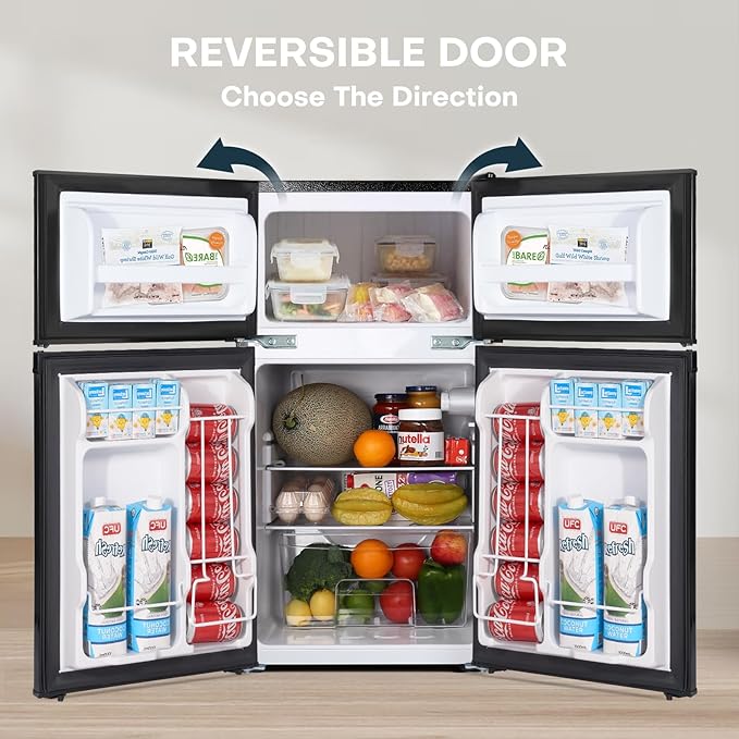 Upstreman 3.1 Cu.Ft Mini Fridge with Freezer, Double Door Small Fridge, Dorm Essentials, Adjustable Thermostat, Energy Saving, Mini Refrigerator for Office, Dorm,Bedroom, Stainless