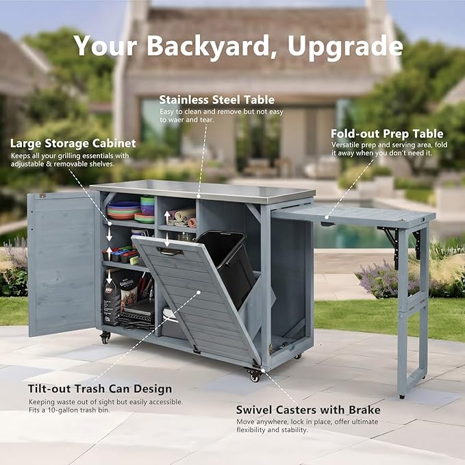 78.3" Outdoor Kitchen Island with Foldable Grill Table - Wooden Grill Cart with Stainless Steel Top, Trash Can Storage and Adjustable Shelves