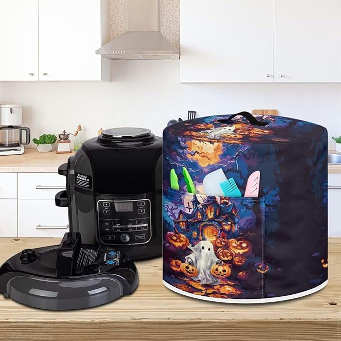 Halloween Theme Kitchen Appliance Decor 8 Quart Pressure Cooker/Air Fryer/Rick Cooker Dust Cover with Top Handle and Storage Pocket Halloween Castle Ghost Print