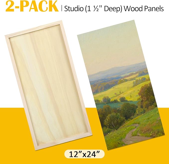 Falling in Art 2 Pack Unfinished Wooden Canvas Panels, 12x24 Gallery Birch Wood Panels Kit, 1 1/2" Deep Art Cradle Boards for Acrylic Painting, Pouring and Burning