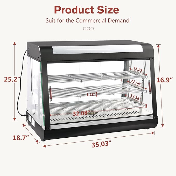 35 inch Food Warmer Countertop Pizza Warmers Display Commercial Pastry Patty Warmer Case for Buffet Restaurant Heater Food Service, L35 x W19 x H25