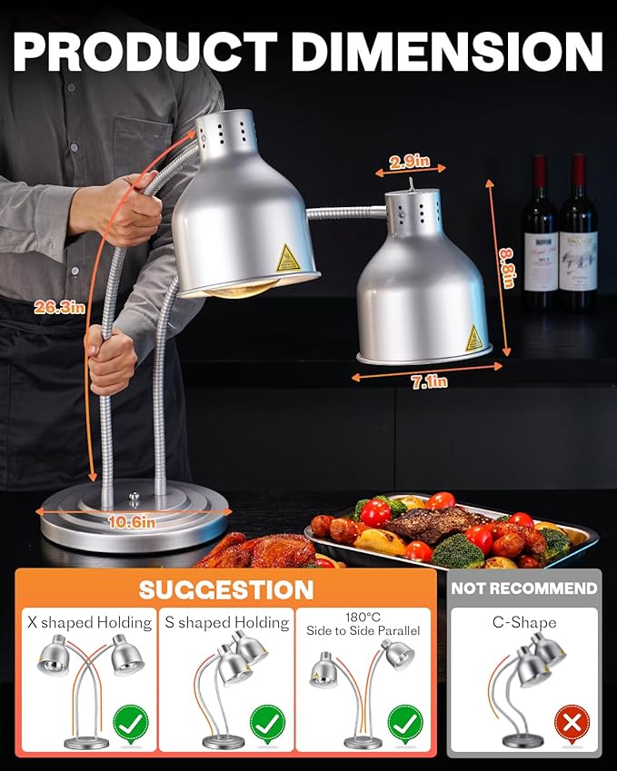 Food Heat Lamp: [Rapid-Heating Bulbs Included] [Steady Heating] Commercial Food Warmer Lamp, Electric Heat Lamp for Food Catering Food Warming Lamp for Buffet Parties (Painted Silver, 32" (2-Head))