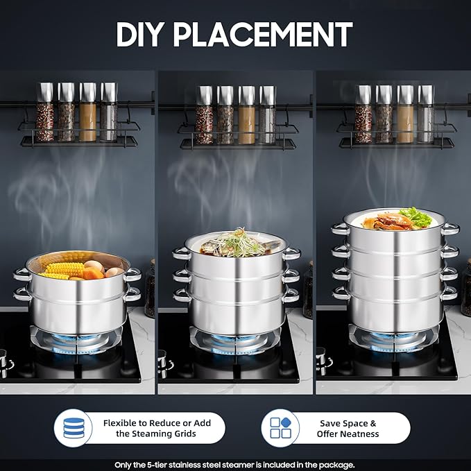 5 Tier Steamer Pot, 304 Stainless Steel Food Steamer with 4 Steaming Grids & 11.02in Bottom Cooking Pot, Stackable Steaming Pots Steam Cooker Cookware, Used for Cooking Dumplings, Steamed Buns
