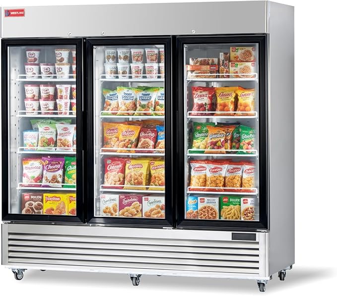 WESTLAKE 82" W Commercial Display Freezer 3 Glass door 72 Cu.ft Stainless Steel Merchandiser Reach-in Upriht Fan Cooling Digital Temperature Control Display Freezer for Restaurant, Bar, Shop, etc