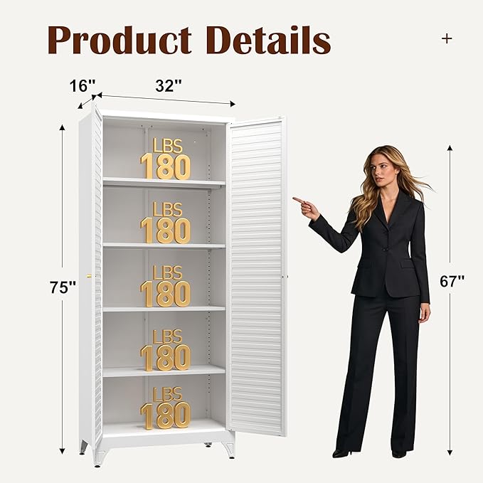 Kitchen Pantry Cabinet,75" Metal Storage Cabinet with Doors and 4 Adjustable Shelves,White Tall Locker Organizer Steel Garage Cabinets for Tool,File Cabinet for Office,Kitchen,Garage,School
