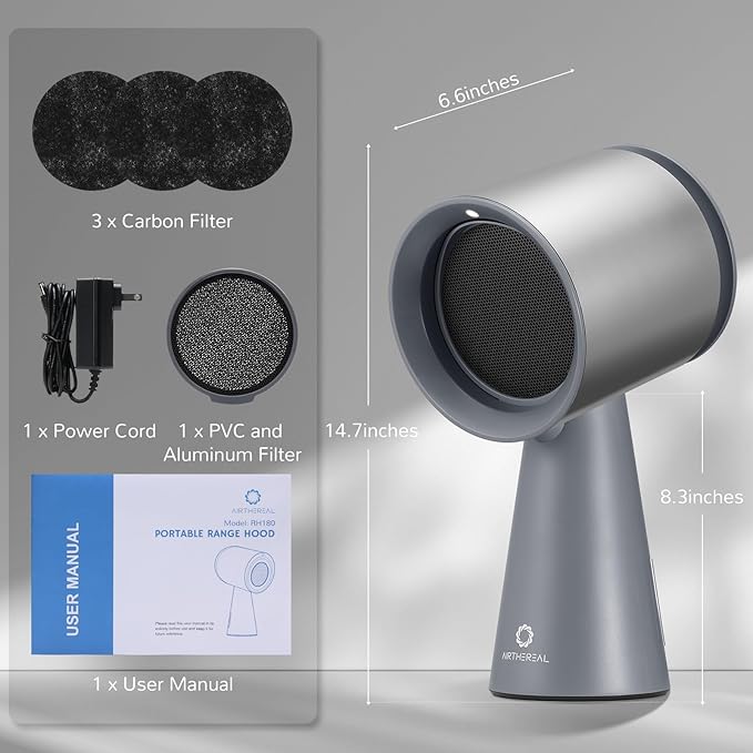 Airthereal RH180 Portable Range Hood, Desktop Range Hood with 3-Fan Speeds and Large Oil Collection Cup, Detachable Aluminum Carbon Filter, Low Noise Portable Kitchen Exhaust Fan for Cooking