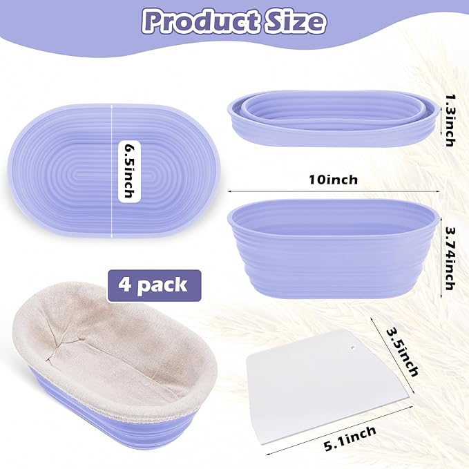 Nuogo 4 Pack Oval Bread Proofing Basket Silicone 10 Inch Collapsible Sourdough Bread Baking Supplies Dough Proofing Bowl with 4 Pcs Dough Scraper and 4 Pcs Basket Covers(Purple)
