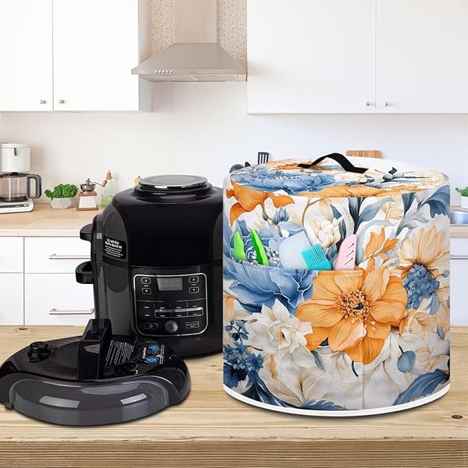 White Flowers Cover for Appliances Blue Flowers Rice Cooker Cover Orange Flowers Cooker Protective Cover for Instant Pot 6 Quart Inner Pot Small Appliance Covers