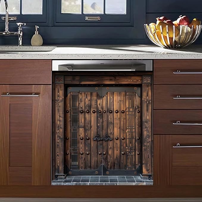 Vintage Wooden Door Dishwasher Covers for The Front Home Refrigerator Panel Cover, Barn Wooden Door Dishwasher Decal Sticker - (23" x 26" Ordinary)