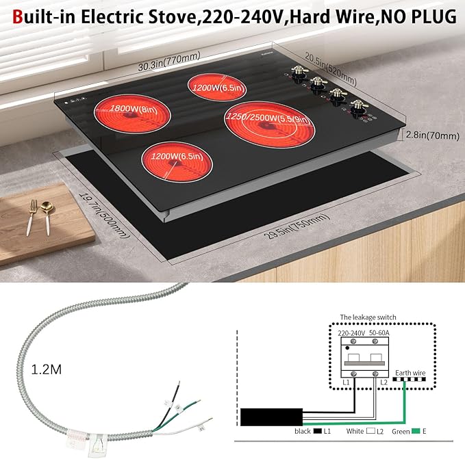 Karinear Electric Cooktop 30 Inch, 4 Burners Electric Stove Top, Built-in Radiant Cooktop with Expandable Burner, Knob Control, Safety Lock, Timer, 6700W 220~240V Hard Wired(No Plug)