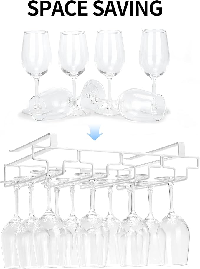 Wine Glass Rack Under Cabinet Drilling Free No Screw Steamware Holder Under Shelf Metal Wine Glasses Holders 304 Stainless Steel Hanger Storage Organizer Hanging Glass Fit for Bar Kitchen 4 Rows White