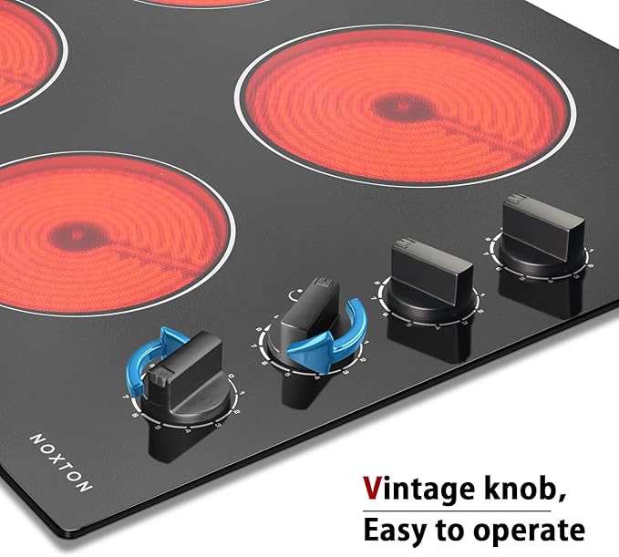 Noxton 24 Inch Electric Cooktop 4 Burners Electric Stove Top, Built-in 24" Radiant Ceramic Cooktop with Knob Control, Hot Surface Indicator, 220-240v,6000W, No Plug, Hard Wire