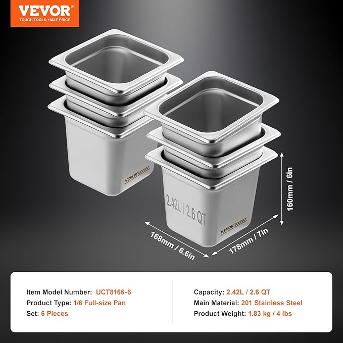 VEVOR 6 Pack Stainless Steel Hotel Pans - 1/6 Size 6-Inch Deep 0.8mm Thick Anti-Jam Commercial Food Pans for Steam Tables, Restaurants, Catering & Industrial Use