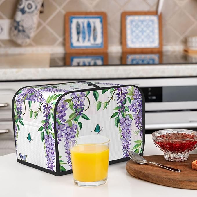 Toaster Cover 2 Slice Spring Purple Wisteria Butterfly Waterproof Appliance Cover with Hang Loop Bread Baker Toaster Cover for Kitchen