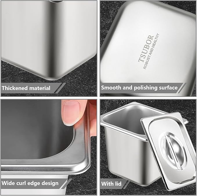 6 Set Stainless Steel Hotel Pans 1/6 Size 6 Inch Deep With Lids, Anti-Jam Chafing Steam Table Pans, Catering Food Storage Metal Pan