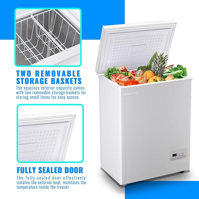 Chest Freezer 3.5 CU.FT Ultra-Low Temperature Deep Freezing Machine (Down to -12 ℉) with Two Removable Baskets Freestanding White Small Mini Compact Fridge Freezer for Home Kitchen Office