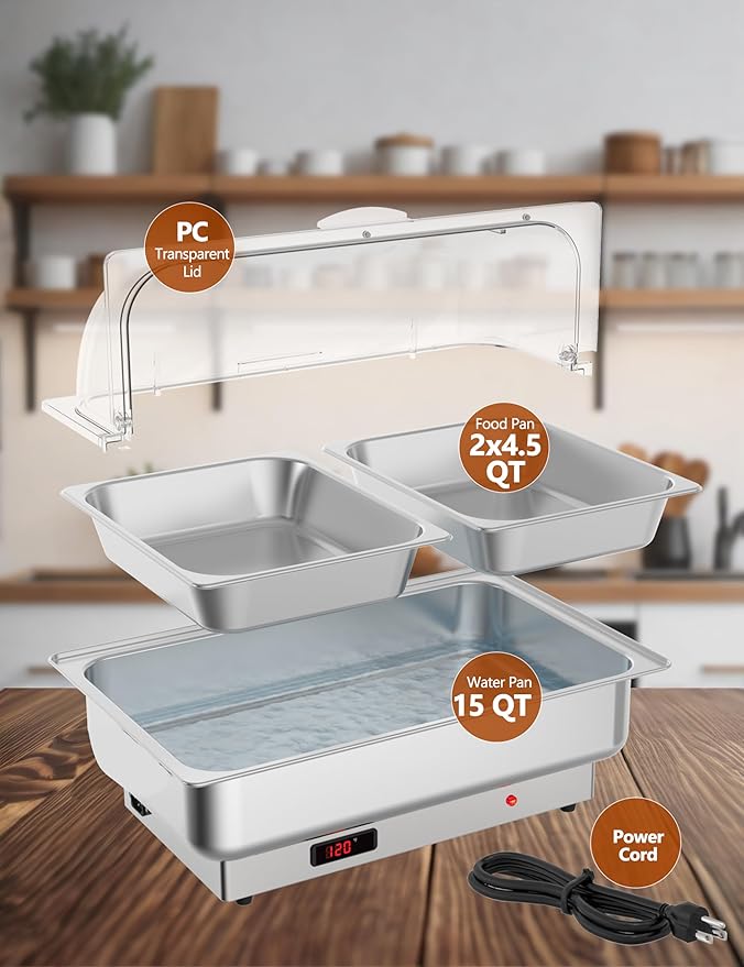 Rectangular Chafing Dish Electric Buffet Set with Temperature Control, 2 x 4.5QT Half-Size Stainless Steel Food Servers and Warmers with Transparent Lid for Catering Wedding and Parties