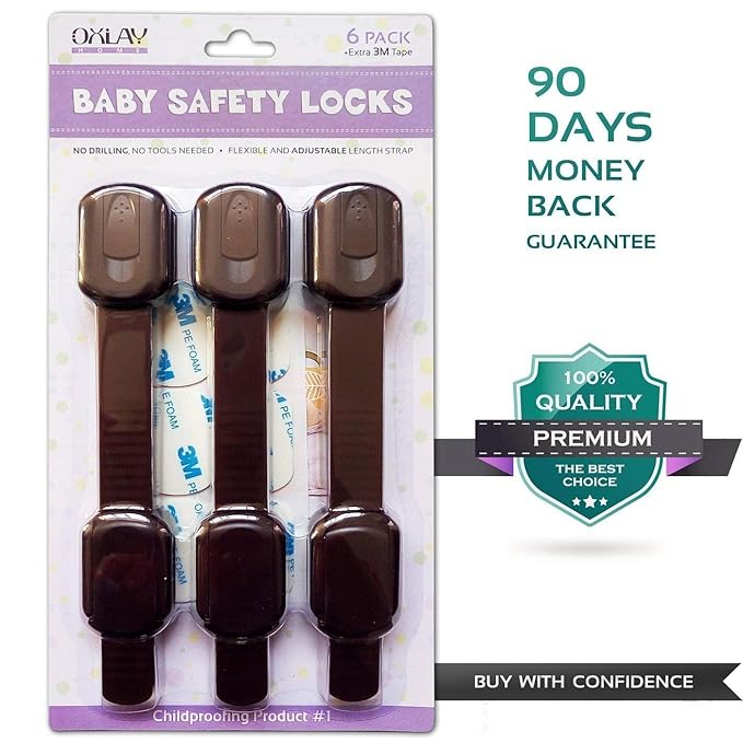 Baby Proofing Safety Cabinet Locks - Child Proof Latches for Drawer Cupboard Dresser Doors Closet Oven Refrigerator - Adjustable Childproof Straps by Oxlay - Brown - 6 Pack