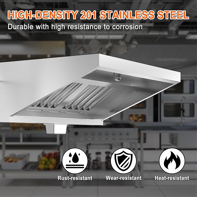 Commercial Exhaust Hood 4 FT Stainless Steel Concession Trailer With 2 Removable Filters, Grease Cup and Light, Rust Resistant Vent for Restaurant Kitchen, NSF Listed