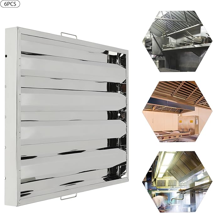 Range Hood Filter, 6Pcs Stainless Steel Exhaust Range Hood Filter, 19.5"W x 24.5"H Commercial 4 Grooves Stove Hood Vent Filter Replacement for Home Kitchen Restaurants Silver